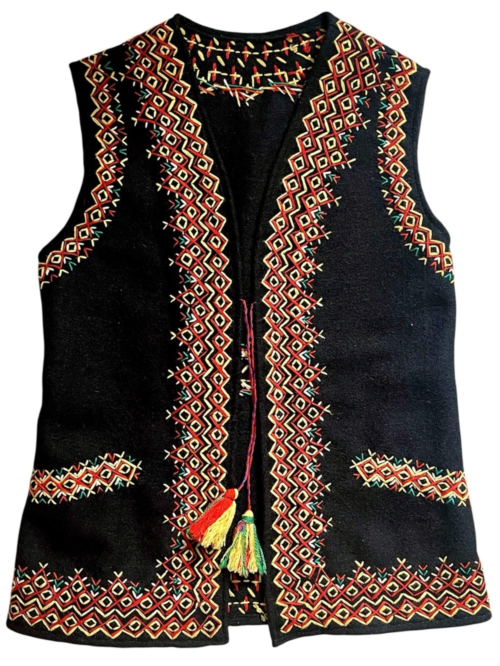 70s Boho Hippie Vest Black Tunic Vest with Colorful Embroidery Festival Wear